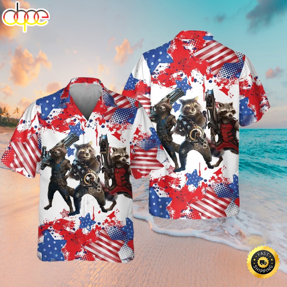 Rocket Raccoon And American Flag 4th July Guadians Of The Galaxy Hawaiian Shirt