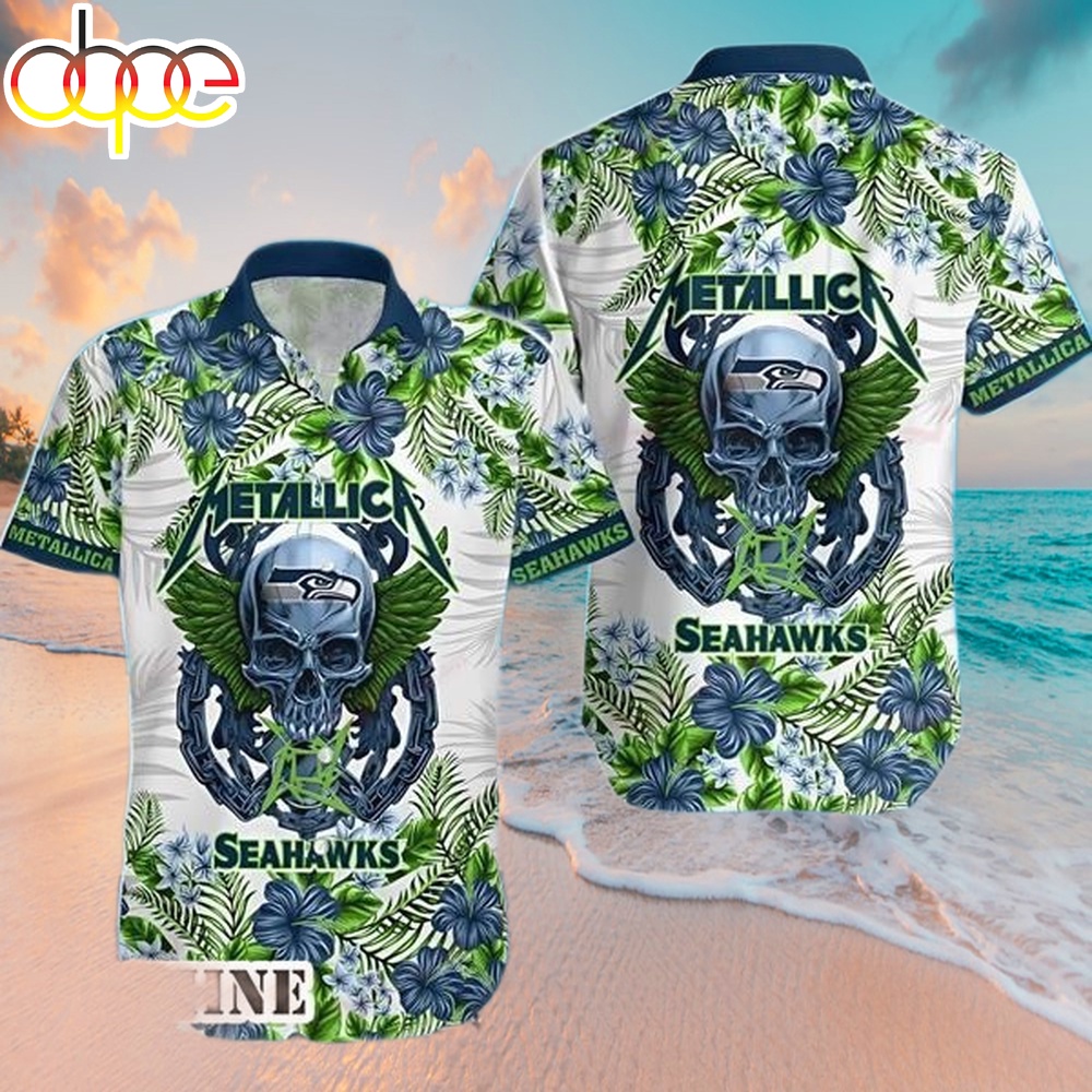 Seattle Seahawks NFL Skull And Flower Pattern Metallica Hawaiian Shirt
