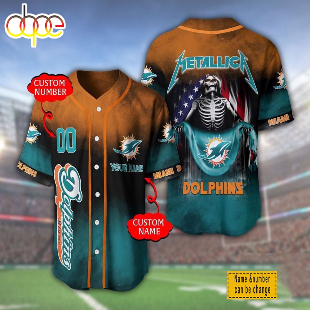 Custom Name And Number Miami Dolphins NFL Metallica Baseball Jersey Shirt