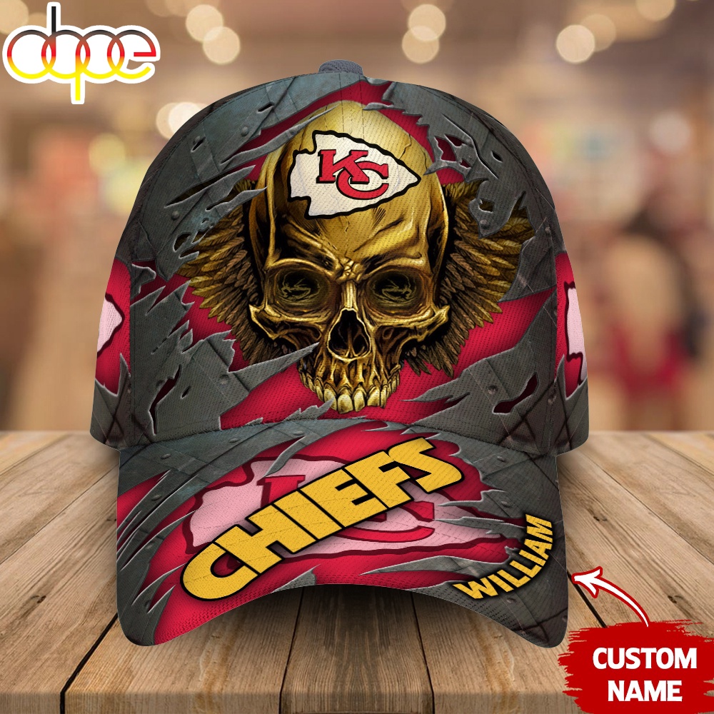 Custom Name Kansas City Chiefs NFL Skull Baseball Cap 1