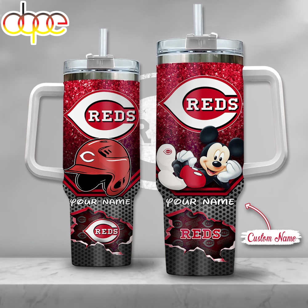 Custom Name MLB Cincinnati Reds Mickey Mouse Tumbler 40oz With Handle