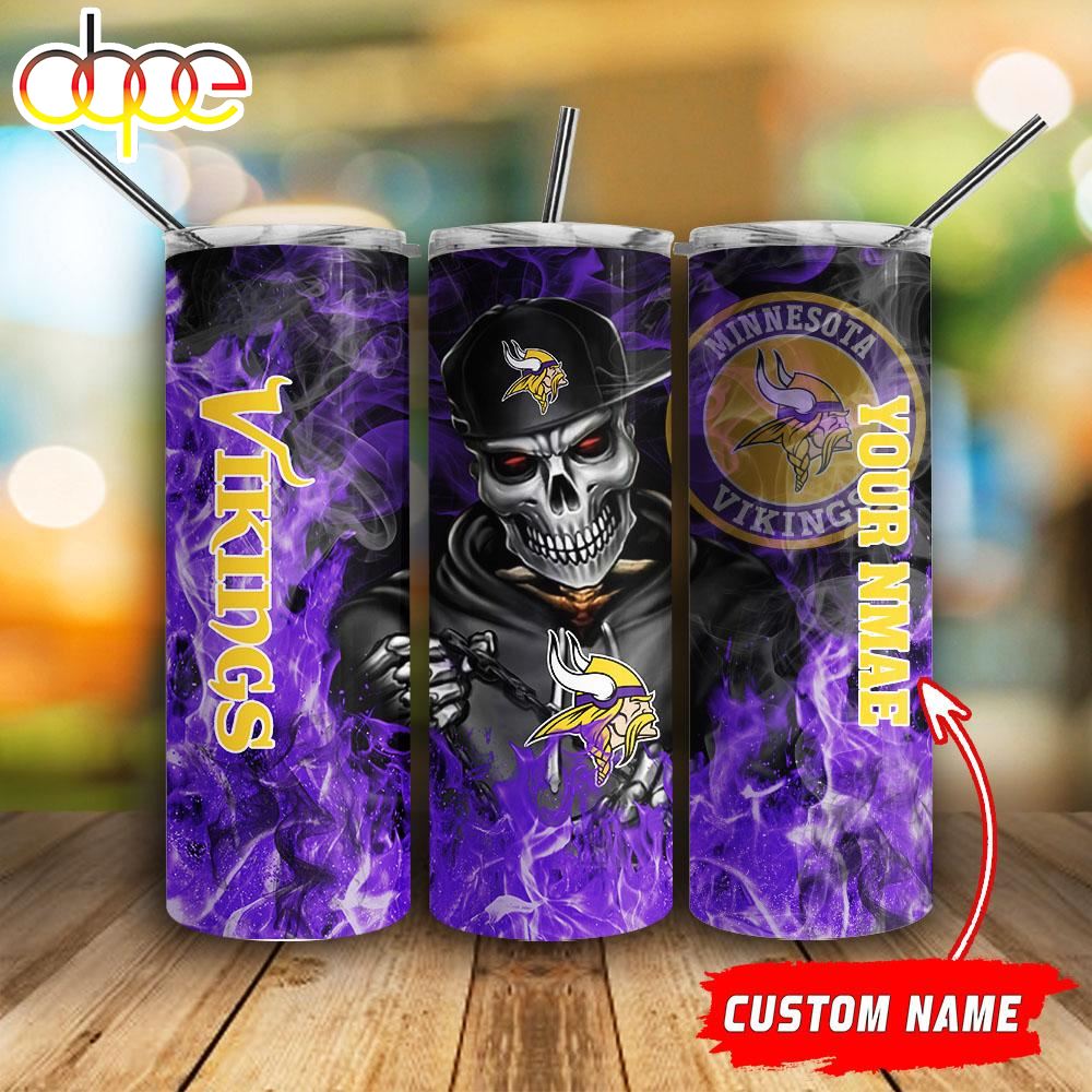 Custom Name Minnesota Vikings Fire Skull Gift Skinny Tumbler