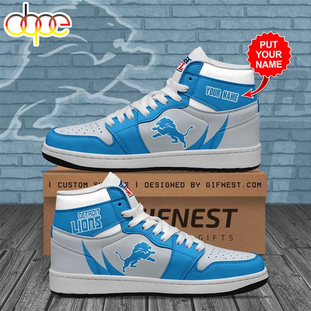 NFL Detroit Lions Custom Name Silver Blue Air Jordan 1 High Sneakers