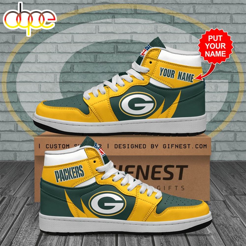 NFL Green Bay Packers Custom Name Yellow Green Air Jordan 1 High Sneakers