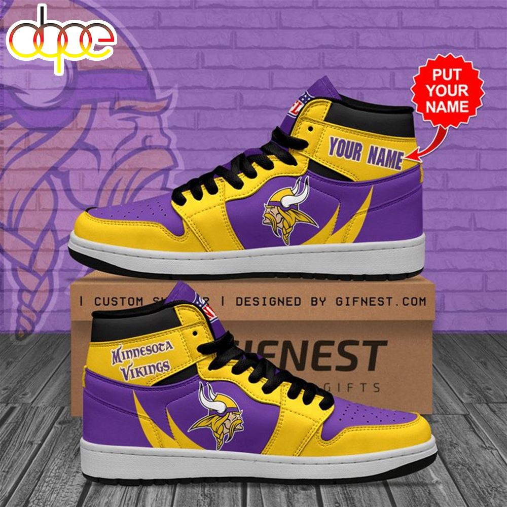 NFL Minnesota Vikings Custom Name Yellow Purple Fire Air Jordan 1 High Sneakers