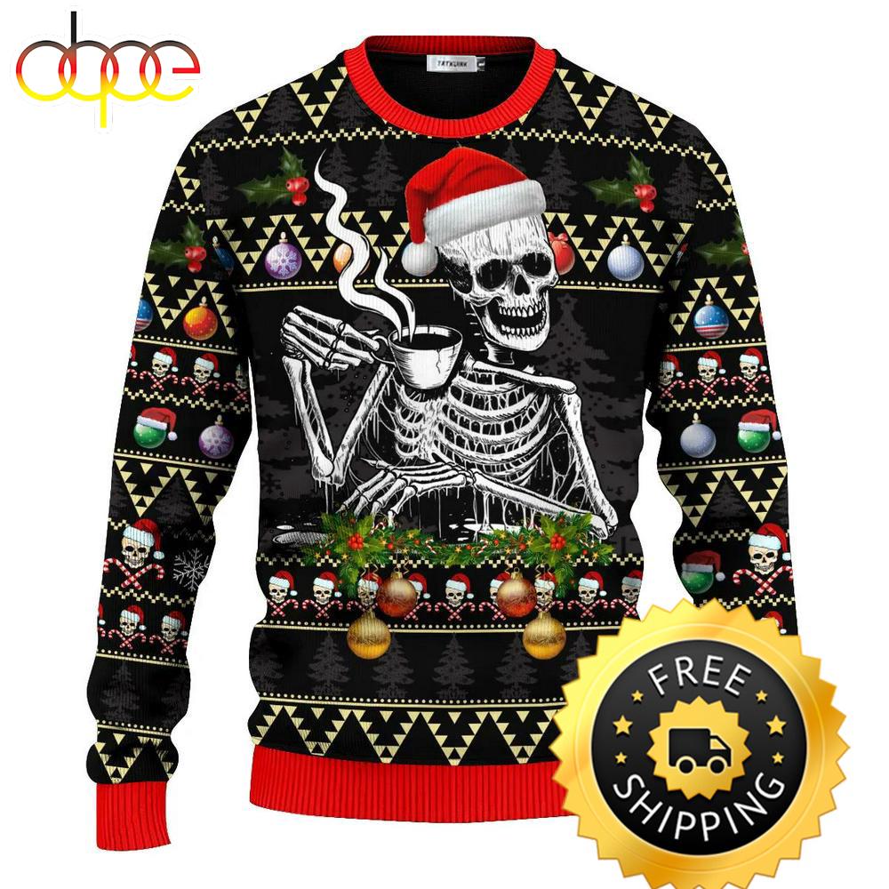 Skull Drinking Hot Coffee Christmas Pattern Ugly Christmas Sweater, Skull Ugly Sweater