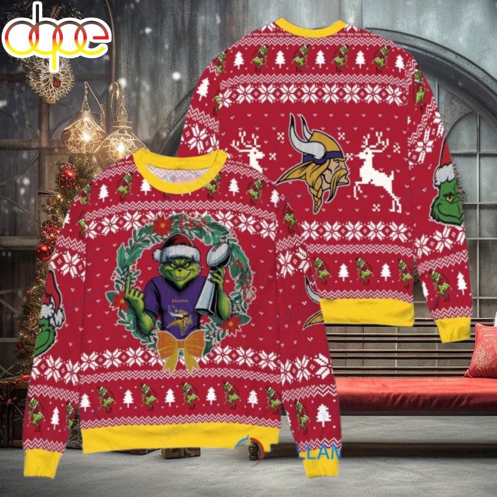 Minnesota Vikings x Grinch NFL Grinch Super Bowl Trophy Ugly Christmas Sweater